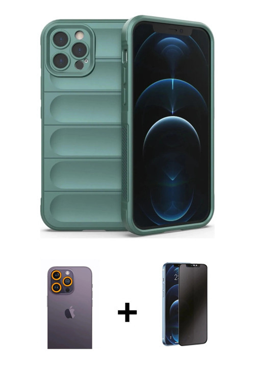 ieg™ iPhone 12 Pro Kılıf Atlas Koleksiyonu - Siyah 3D Antistatik Hayalet Cam Ekran Koruyucu + Sarı N