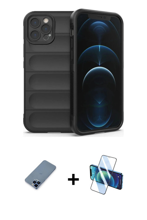 ieg™ iPhone 12 Pro Kılıf Atlas Koleksiyonu - Siyah 3D Antistatik Seramik Nano Ekran Koruyucu + Mavi