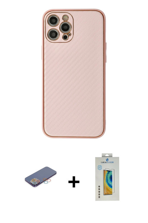 ieg™ iPhone 12 Pro Kılıf Ahenk Işık - Siyah Polymer Nano Ekran Koruyucu + Pembe Renkli Kamera Lens K