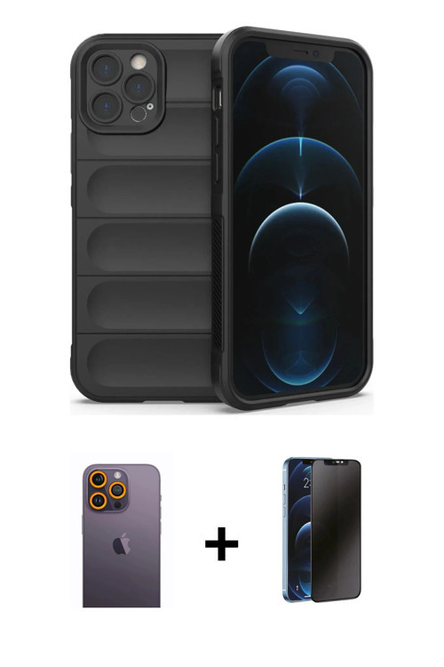 ieg™ iPhone 12 Pro Kılıf Atlas Koleksiyonu - Siyah 3D Antistatik Hayalet Cam Ekran Koruyucu + Sarı N