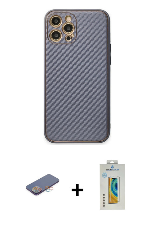 ieg™ iPhone 12 Pro Kılıf Ahenk Işık - Siyah Polymer Nano Ekran Koruyucu + Pembe Renkli Kamera Lens K