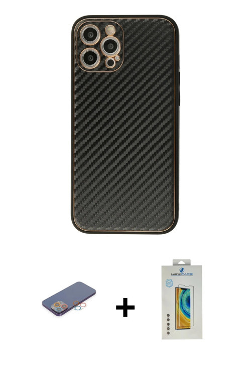 ieg™ iPhone 12 Pro Kılıf Ahenk Işık - Siyah Polymer Nano Ekran Koruyucu + Pembe Renkli Kamera Lens K