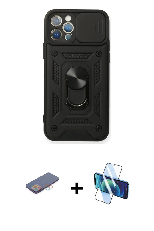 ieg™ iPhone 12 Pro Kılıf Ahenk Klasik - Siyah 3D Antistatik Seramik Nano Ekran Koruyucu + Pembe Renk