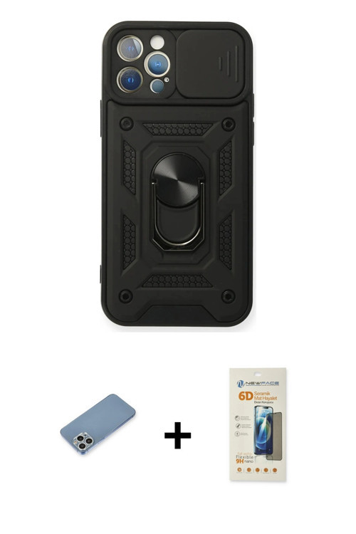 ieg™ iPhone 12 Pro Kılıf Ahenk Klasik - Siyah 6D Mat Seramik Hayalet Nano Ekran Koruyucu + Gümüş Shi
