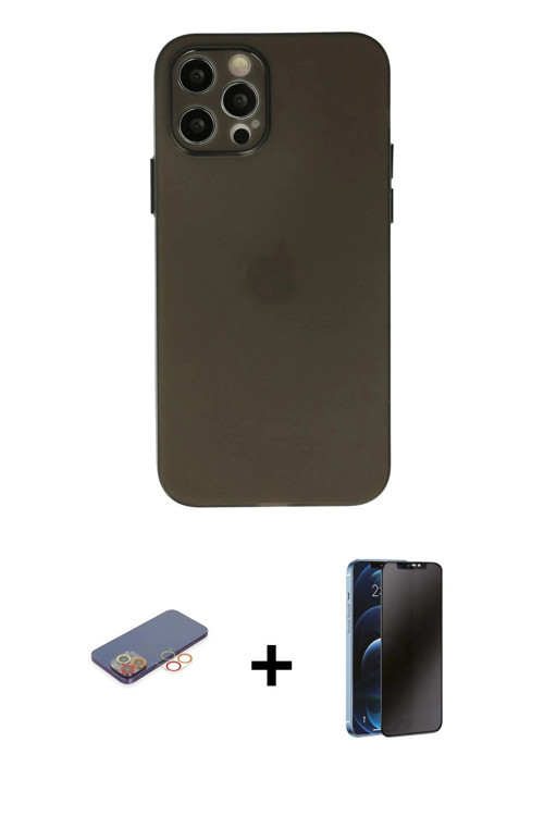 ieg™ iPhone 12 Pro Kılıf Atlas Minimal Prime - Siyah 3D Antistatik Hayalet Cam Ekran Koruyucu + Turu