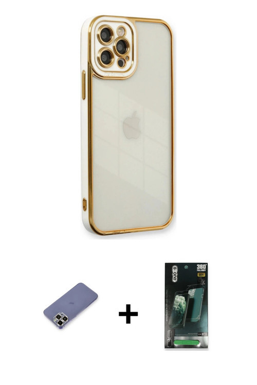 ieg™ iPhone 12 Pro Kılıf Çekirdek Klasik Serisi - Siyah 360 Mat Full Body Arka Koruyucu + Gold Metal