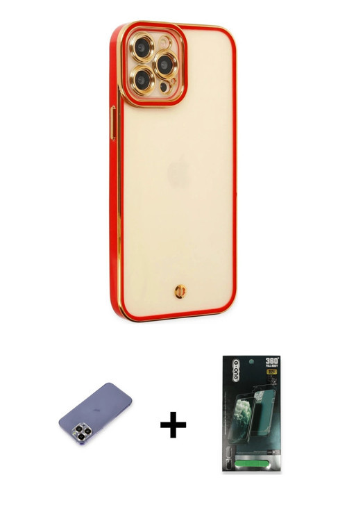 ieg™ iPhone 12 Pro Kılıf Çekirdek Klasik Serisi - Siyah 360 Mat Full Body Arka Koruyucu + Gold Metal