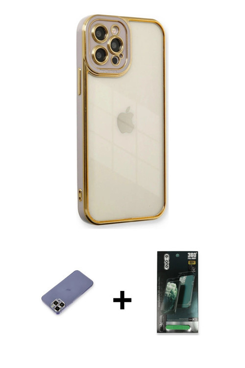 ieg™ iPhone 12 Pro Kılıf Çekirdek Klasik Serisi - Siyah 360 Mat Full Body Arka Koruyucu + Gold Metal