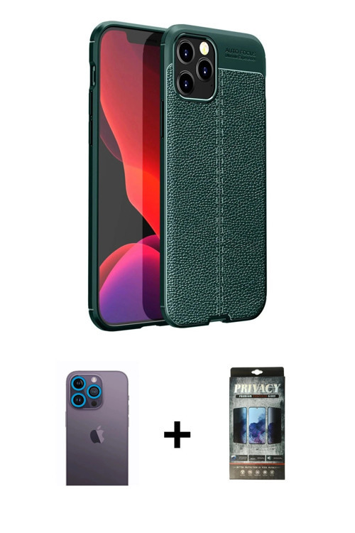ieg™ iPhone 12 Pro Kılıf Doruk Klasik Özel Seri - Siyah 34D Hayalet Izgaralı Cam + Mavi Neon Fosforl