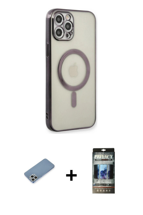 ieg™ iPhone 12 Pro Kılıf Doruk Minimal - Siyah 34D Hayalet Izgaralı Cam + Gümüş Shine Kamera Lens Ko