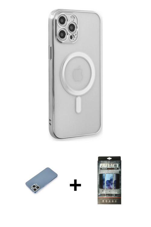 ieg™ iPhone 12 Pro Kılıf Doruk Minimal - Siyah 34D Hayalet Izgaralı Cam + Gümüş Shine Kamera Lens Ko