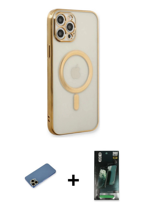 ieg™ iPhone 12 Pro Kılıf Doruk Minimal - Şeffaf 360 Full Body Arka Koruyucu + Gold Shine Kamera Lens