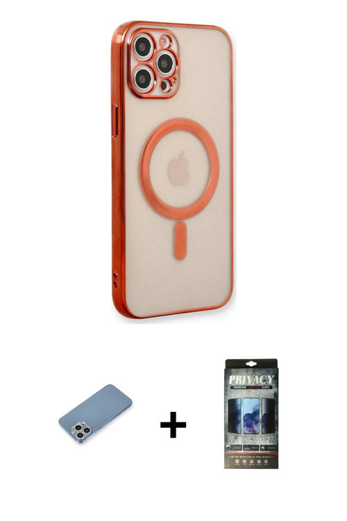 ieg™ iPhone 12 Pro Kılıf Doruk Minimal - Siyah 34D Hayalet Izgaralı Cam + Gümüş Shine Kamera Lens Ko
