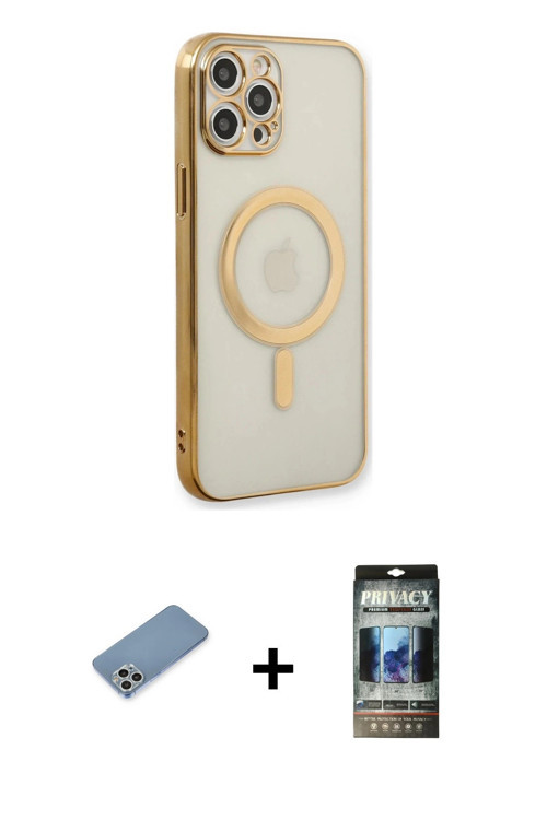 ieg™ iPhone 12 Pro Kılıf Doruk Minimal - Siyah 34D Hayalet Izgaralı Cam + Gümüş Shine Kamera Lens Ko