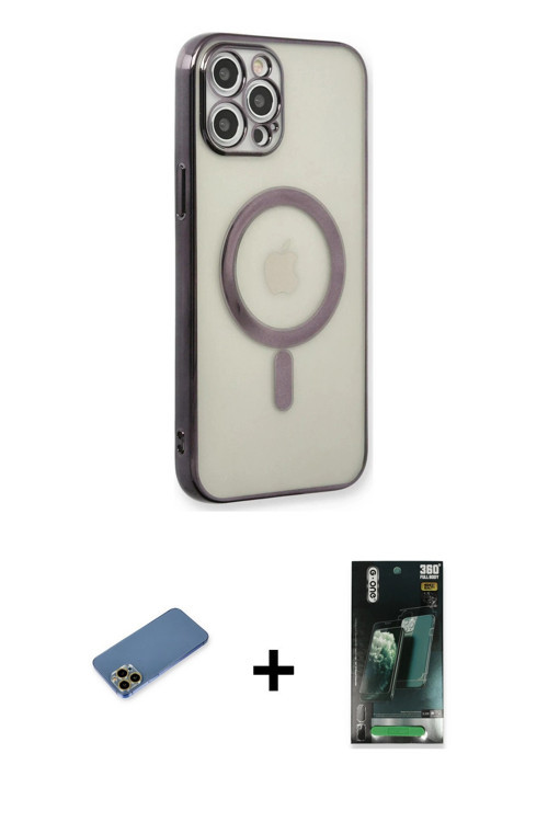 ieg™ iPhone 12 Pro Kılıf Doruk Minimal - Şeffaf 360 Full Body Arka Koruyucu + Gold Shine Kamera Lens