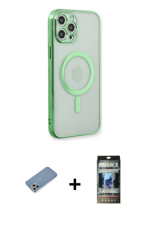 ieg™ iPhone 12 Pro Kılıf Doruk Minimal - Siyah 34D Hayalet Izgaralı Cam + Gümüş Shine Kamera Lens Ko