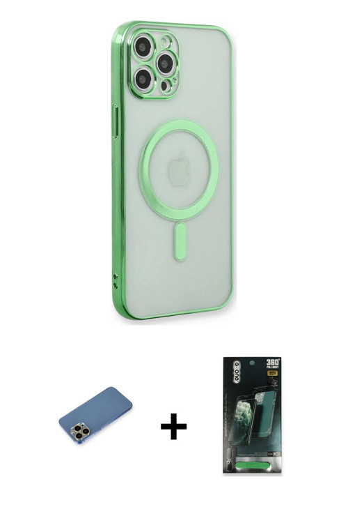 ieg™ iPhone 12 Pro Kılıf Doruk Minimal - Şeffaf 360 Full Body Arka Koruyucu + Gold Shine Kamera Lens