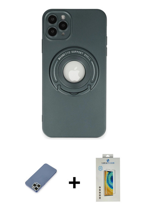ieg™ iPhone 12 Pro Kılıf Eksen Klasik Prime - Siyah Polymer Nano Ekran Koruyucu + Açık Yeşil Metal K