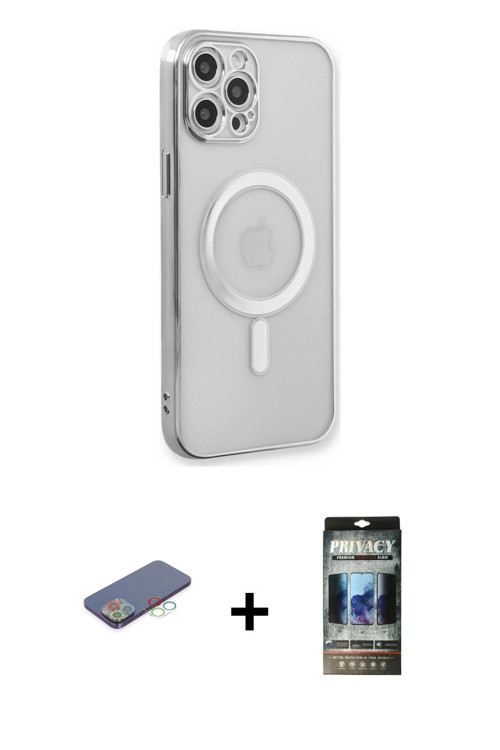 ieg™ iPhone 12 Pro Kılıf Doruk Minimal - Siyah 34D Hayalet Izgaralı Cam + Mavi Renkli Kamera Lens Ko