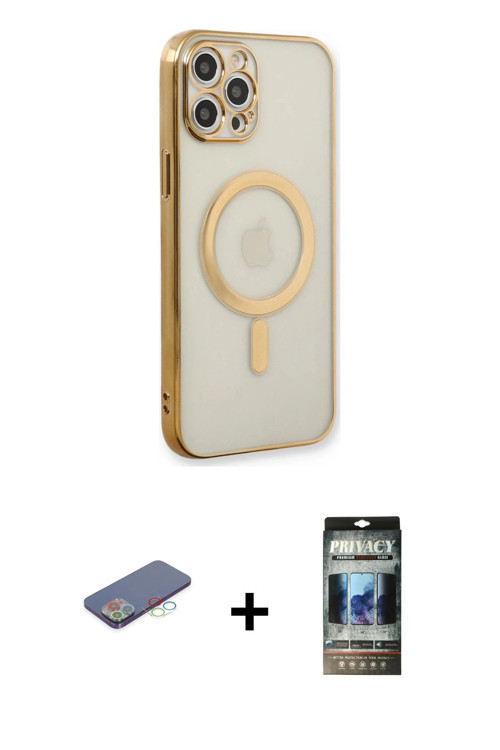 ieg™ iPhone 12 Pro Kılıf Doruk Minimal - Siyah 34D Hayalet Izgaralı Cam + Mavi Renkli Kamera Lens Ko