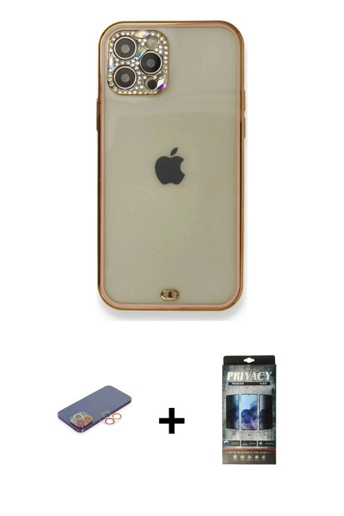 ieg™ iPhone 12 Pro Kılıf Eksen Minimal Koleksiyonu - Siyah 34D Hayalet Izgaralı Cam + Turuncu Renkli