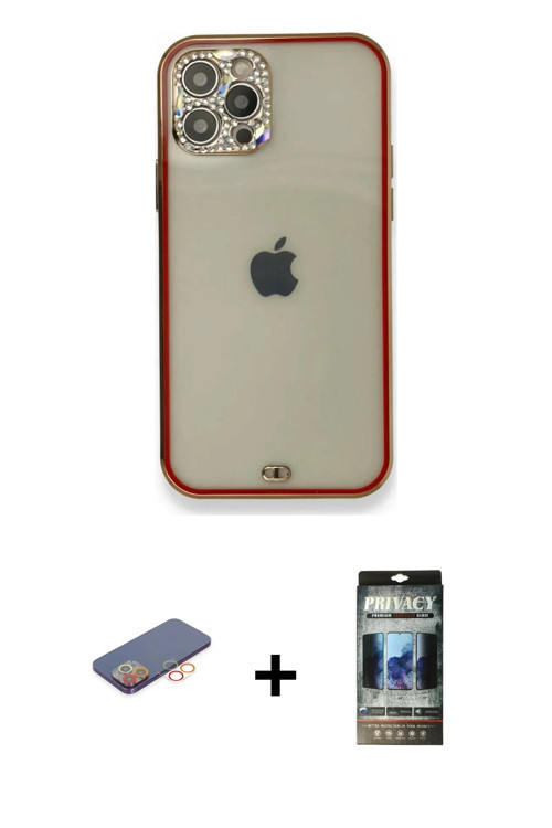 ieg™ iPhone 12 Pro Kılıf Eksen Minimal Koleksiyonu - Siyah 34D Hayalet Izgaralı Cam + Turuncu Renkli