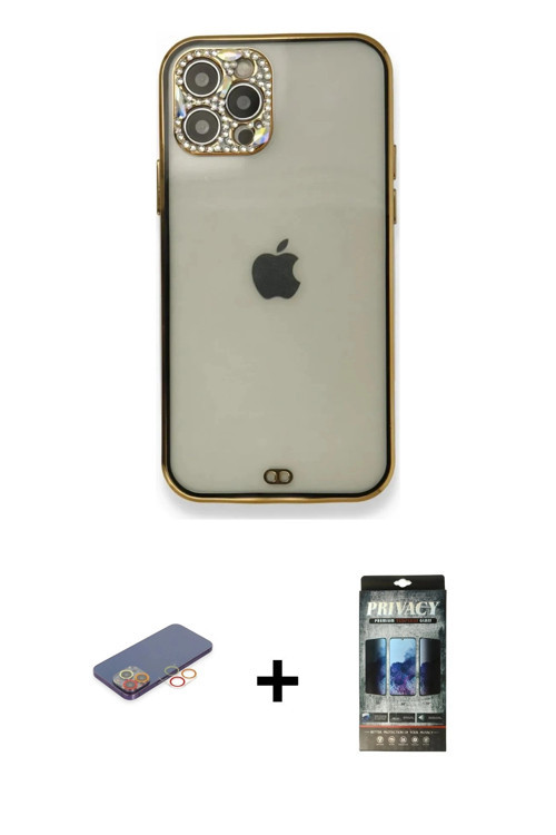 ieg™ iPhone 12 Pro Kılıf Eksen Minimal Koleksiyonu - Siyah 34D Hayalet Izgaralı Cam + Turuncu Renkli