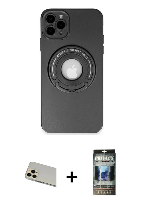 ieg™ iPhone 12 Pro Kılıf Eksen Klasik Prime - Siyah 34D Hayalet Izgaralı Cam + Gold Rainbow Kamera L