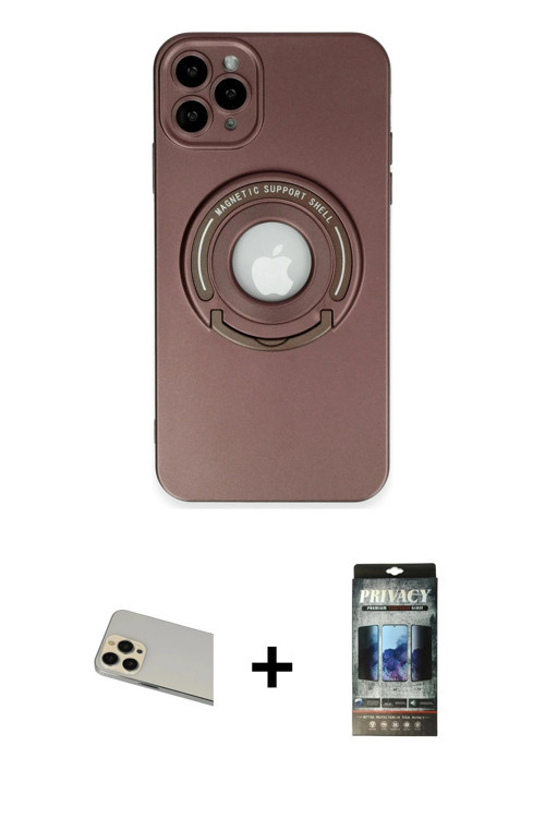ieg™ iPhone 12 Pro Kılıf Eksen Klasik Prime - Siyah 34D Hayalet Izgaralı Cam + Gold Rainbow Kamera L