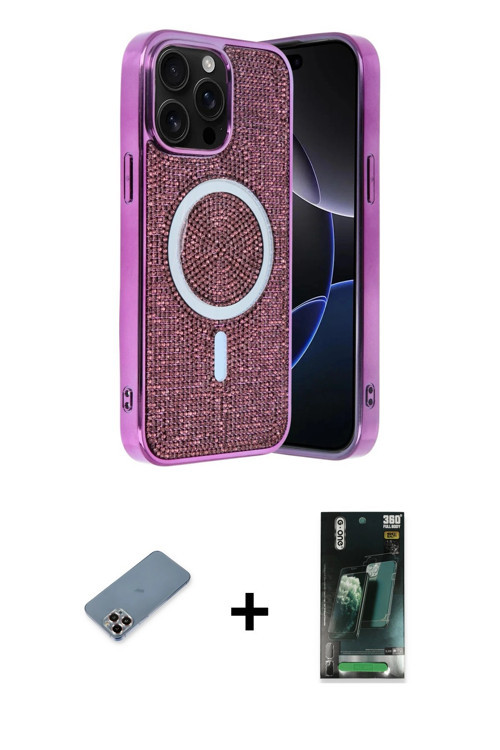 ieg™ iPhone 12 Pro Kılıf Eksen Çizgi - Şeffaf 360 Full Body Arka Koruyucu + Mor Metal Kamera Lens Ko