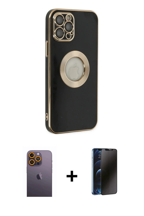 ieg™ iPhone 12 Pro Kılıf İz Form Serisi - Siyah 3D Antistatik Hayalet Cam Ekran Koruyucu + Sarı Neon