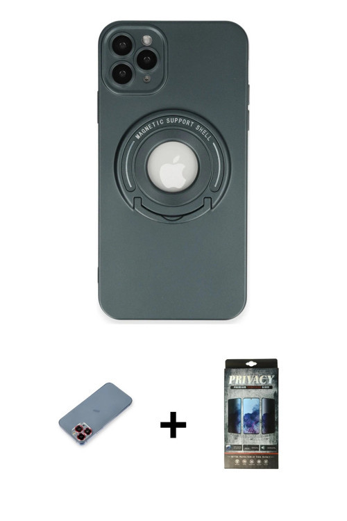 ieg™ iPhone 12 Pro Kılıf Eksen Klasik Prime - Siyah 34D Hayalet Izgaralı Cam + Kırmızı Metal Kamera