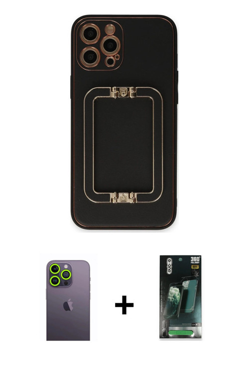 ieg™ iPhone 12 Pro Kılıf Kozmos Minimal Prime - Siyah 360 Mat Full Body Arka Koruyucu + Yeşil Neon F