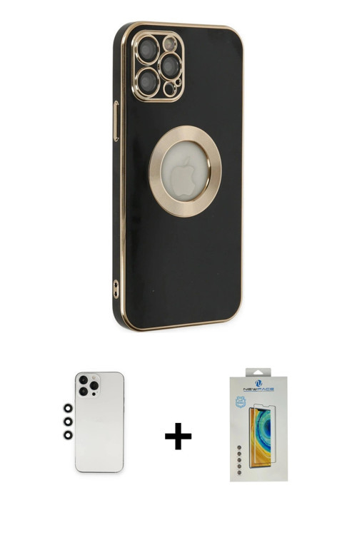 ieg™ iPhone 12 Pro Kılıf İz Form Serisi - Siyah Polymer Nano Ekran Koruyucu + Gümüş Shine Kamera Len