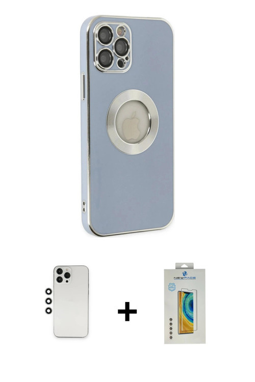 ieg™ iPhone 12 Pro Kılıf İz Form Serisi - Siyah Polymer Nano Ekran Koruyucu + Gümüş Shine Kamera Len