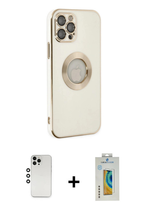 ieg™ iPhone 12 Pro Kılıf İz Form Serisi - Siyah Polymer Nano Ekran Koruyucu + Gümüş Shine Kamera Len