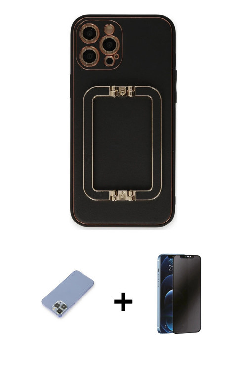 ieg™ iPhone 12 Pro Kılıf Kozmos Minimal Prime - Siyah 3D Antistatik Hayalet Cam Ekran Koruyucu + Koy