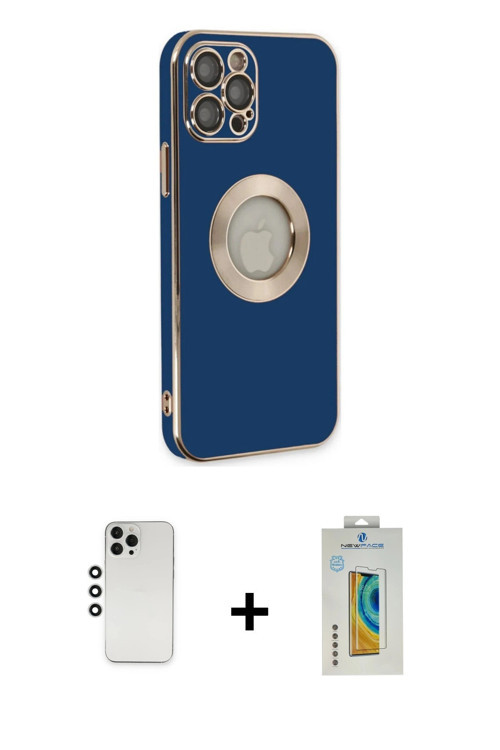 ieg™ iPhone 12 Pro Kılıf İz Form Serisi - Siyah Polymer Nano Ekran Koruyucu + Gümüş Shine Kamera Len