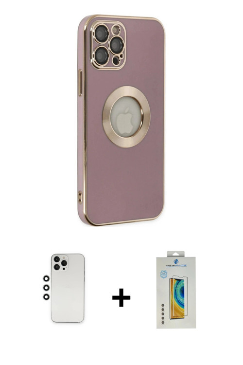 ieg™ iPhone 12 Pro Kılıf İz Form Serisi - Siyah Polymer Nano Ekran Koruyucu + Gümüş Shine Kamera Len