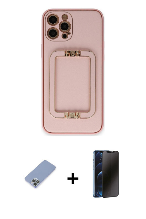 ieg™ iPhone 12 Pro Kılıf Kozmos Minimal Prime - Siyah 3D Antistatik Hayalet Cam Ekran Koruyucu + Koy