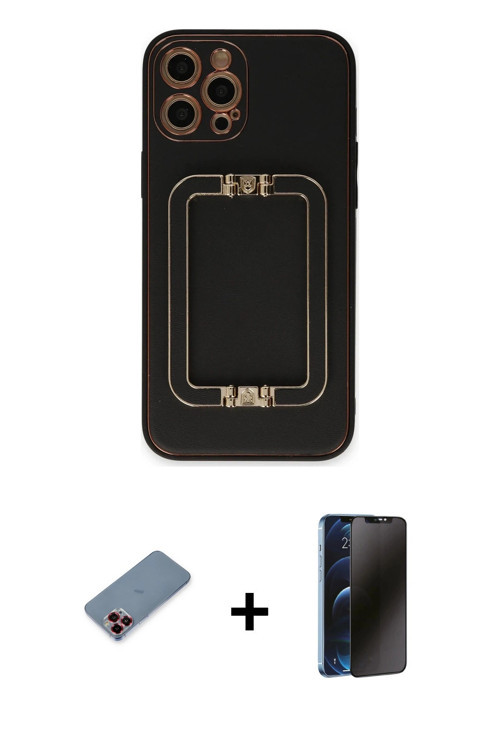 ieg™ iPhone 12 Pro Kılıf Kozmos Minimal Prime - Siyah 3D Antistatik Hayalet Cam Ekran Koruyucu + Kır