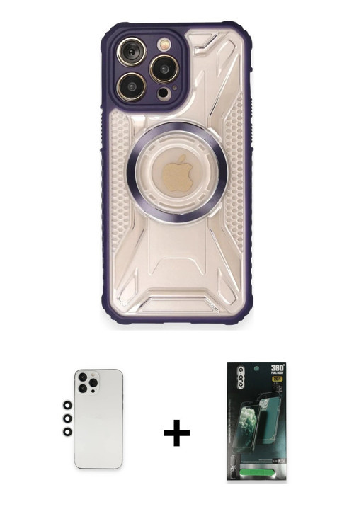 ieg™ iPhone 12 Pro Kılıf Kutup Modern - Şeffaf 360 Full Body Arka Koruyucu + Gümüş Shine Kamera Lens