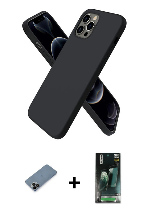 ieg™ iPhone 12 Pro Kılıf Kozmos Yansıma Özel Seri - Siyah 360 Mat Full Body Arka Koruyucu + Siyah Sh