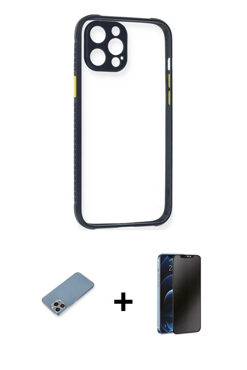 ieg™ iPhone 12 Pro Kılıf Nova Asil Özel Seri - Siyah 3D Antistatik Hayalet Cam Ekran Koruyucu + Gökk