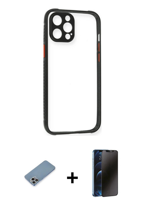ieg™ iPhone 12 Pro Kılıf Nova Asil Özel Seri - Siyah 3D Antistatik Hayalet Cam Ekran Koruyucu + Gökk