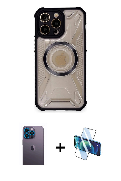 ieg™ iPhone 12 Pro Kılıf Kutup Modern - Siyah 3D Antistatik Seramik Nano Ekran Koruyucu + Mavi Neon