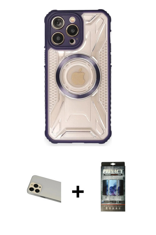 ieg™ iPhone 12 Pro Kılıf Kutup Modern - Siyah 34D Hayalet Izgaralı Cam + Gold Rainbow Kamera Lens Ko