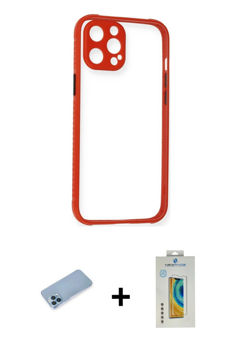 ieg™ iPhone 12 Pro Kılıf Nova Asil Özel Seri - Siyah Polymer Nano Ekran Koruyucu + Mavi Shine Kamera