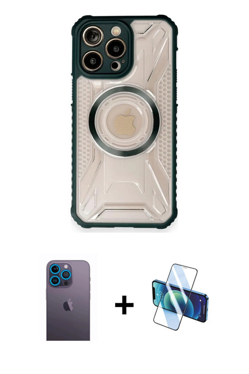 ieg™ iPhone 12 Pro Kılıf Kutup Modern - Siyah 3D Antistatik Seramik Nano Ekran Koruyucu + Mavi Neon