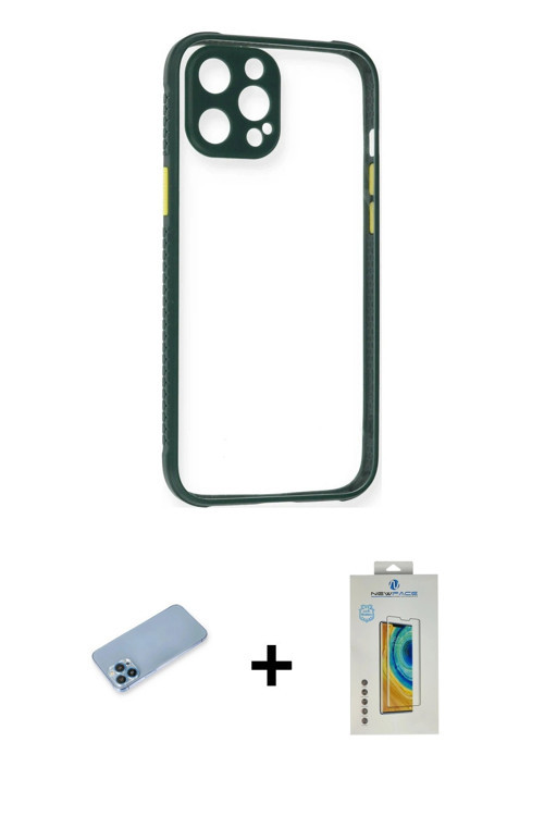 ieg™ iPhone 12 Pro Kılıf Nova Asil Özel Seri - Siyah Polymer Nano Ekran Koruyucu + Mavi Shine Kamera